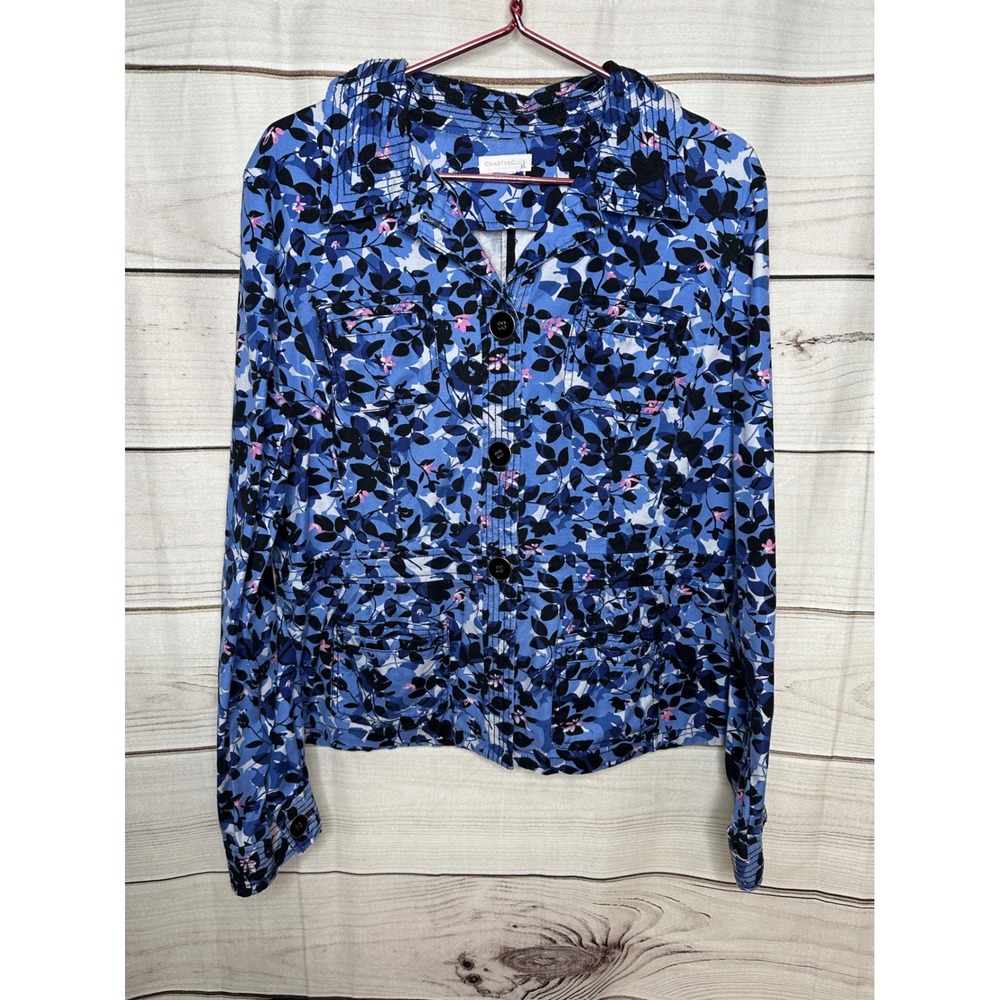 Charter Club Jacket Women XL Blue Floral Utility Button Up Cotton Blend Pockets